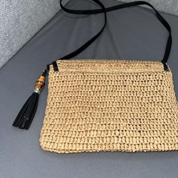 Women's Paper Straw Natural Crossbody Purse Bag Black Faux Leather Trim - Picture 5 of 10